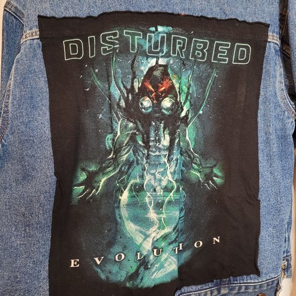 Vintage Bill Blass Denim Jacket Disturbed Upcycle Patch Band Womens Petite Large - Picture 2 of 9